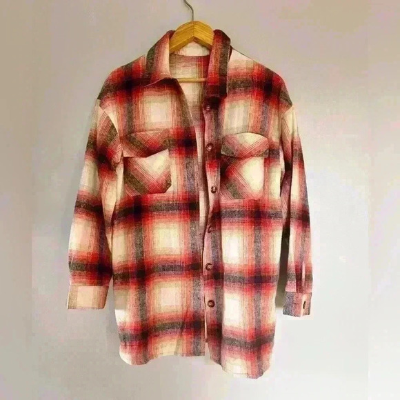 Plaid Red Long Sleeve Collared Button Up Shacket - Picture 1 of 6